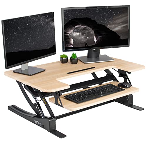VIVO Height Adjustable Stand Up Desk Converter, V Series, Dual Monitor Riser Workstation, Light Wood Top - DESK-V000VO