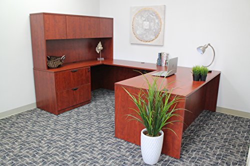 Boss Office Products Holland 71" Executive U-Shape Desk with Pedestal File Storage and Hutch, Cherry