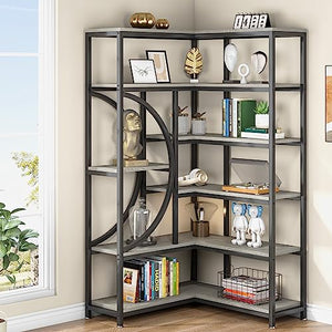 TIYASE 6-Shelf Corner Bookshelf Industrial 6-Tier Etagere Bookcase - Grey