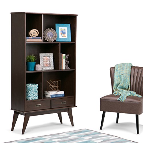 Simpli Home 3AXCDRP-13 Draper Solid Hardwood 64 inch x 35 inch Mid Century Modern Wide Bookcase and Storage Unit in Medium Auburn Brown