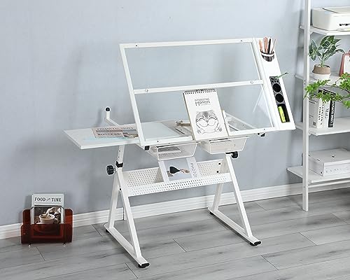 HOYA PONYOO Drafting Printing Table with Chair and Storage, Tempered Glass, Adjustable Tilt, White
