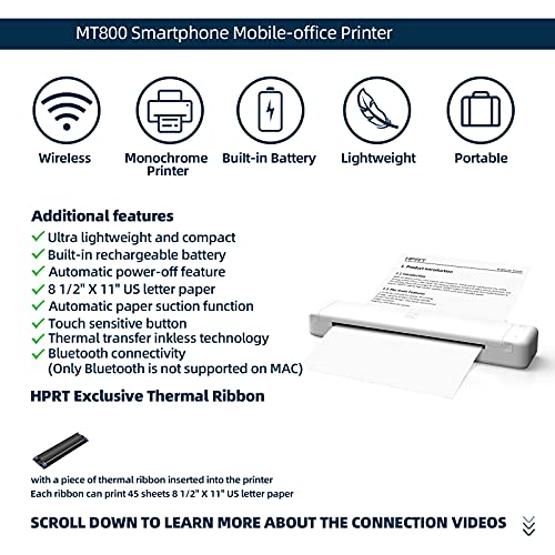 HPRT MT800 Wireless Bluetooth Monochrome Portable Printer, Case+Cartridge+Printer，Supports 8.5" X 11" US Letter,Compatible with Android and iOS Phone, No-Ink Technology.(MT800QC)