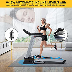 Treadmill with 15% Auto Incline,3HP Folding Electric Treadmill, 10 MPH Max Speed Running Machine with 300 LBS Weight Capacity and 15 Preset LCD Display Treadmills for Home Use