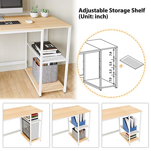 Domy Home L-Shaped Home Office Desk 74'' 2 Person Student Kid Writing Desk w/Storage Shelves Headphone Hook PC Laptop Table Sturdy Metal Frame Easy Assembly Oak