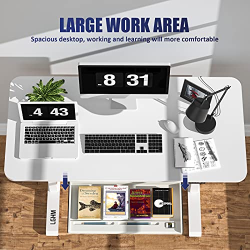 Height Adjustable Desk, Electric Standing Desk with 48'' x 24'' Solid Whole-Piece Desk Board, Sit Stand Desk w/Memory Preset Controller, Stand Up Desk with Keyboard Tray for Home Office (White)