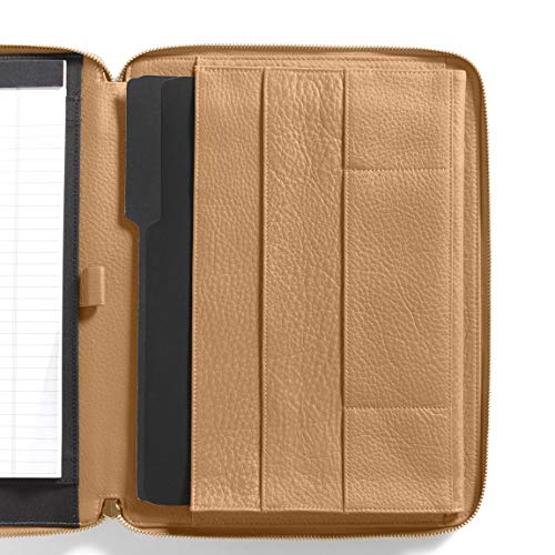 Leatherology Camel Left-Handed Compatible Full Grain Leather Executive Zippered Portfolio | Professional Business Padfolio Folder | Includes Letter Sized Notepad