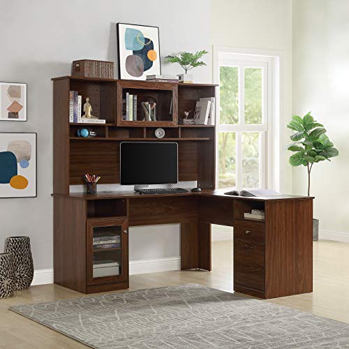 Computer Desk Study Writing Table with Drawers L-Shaped PC Laptop Desk Gaming Table with Hutch and Glass Doors for Home Office, Heavy Duty Sturdy Wooden Workstation with Shelves and File Cabinet Brown