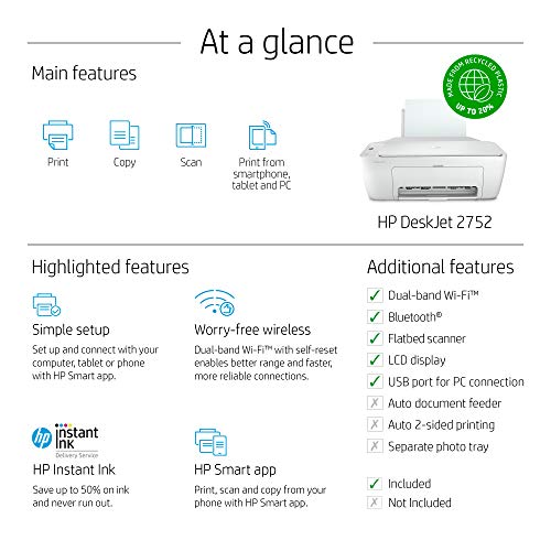 HP DeskJet Series Wireless All-in-One Color Inkjet Printer - Print, Scan, Copy -for Home Business Office - Icon LCD Display, Instant Ink Ready, Up to 1200 x 1200 dpi, Bluetooth 4.1, WiFi, USB