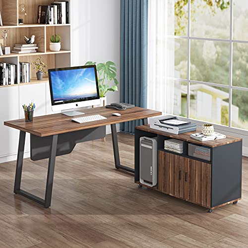 Tribesigns Executive Office Desk, 55 inch L Shaped Desk with Mobile File Cabinet, Modern Computer Desk with 40 inch Printer Stand for Home Office (Dark Walnut)