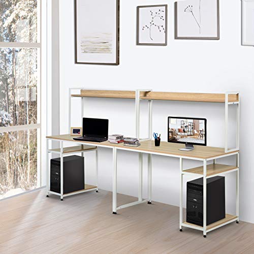 HOMCOM Industrial Double Computer Desk with Hutch and Storage Shelves, Extra Long Home Office Writing Table 2 Person Workstation, CPU Stand, Oak Wood Grain