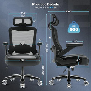 Coolka Big and Tall Office Chair 500lbs - Ergonomic Mesh Desk Chair with Adjustable Lumbar Support, Headrest, 3D Flip Up Arms, Metal Base - High Back Executive Computer Chair, Extra Wide Seat, Black