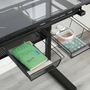 AUTIGERSAFE Drafting Table with Glass Top, Height Adjustable, Tilting Desk, 2 Drawers, Stool - Home Office Art Station
