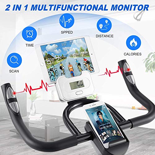 ANCHEER Stationary Exercise Bike, Indoor Cycling Bike Belt Drive system with APP, Adjustable Resistance, Heart rate sensor bar, Phone Holder, Comfortable Cushion, Quiet for Home Gym Cardio Exercise