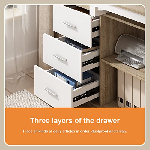 FUFU&GAGA L-Shaped Office Desk with File Cabinet, 3 Drawers & 2 Shelves - Beige