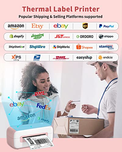 Pink Label Printer, Thermal Label Printer 4x6, Desktop Shipping Label Printer for Small Busines, Compatible with Amazon, Ebay, Shopify, Etsy, UPS, FedEx, DHL, etc