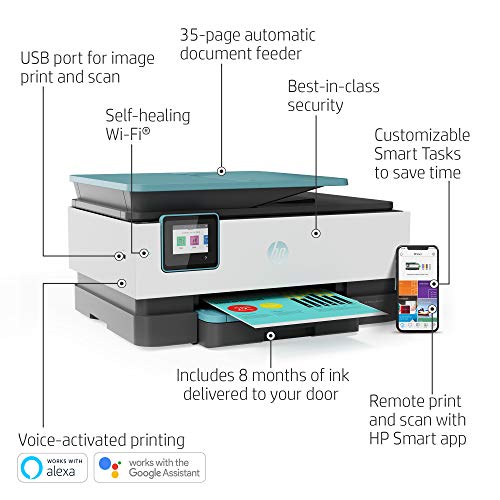 HP OfficeJet Pro 8035 All-in-One Wireless Printer - Includes 8 Months of Ink, HP Instant Ink, Works with Alexa - Oasis (3UC66A)