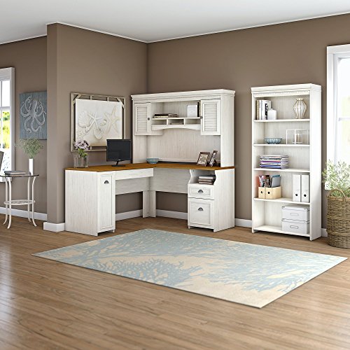 Bush Furniture Fairview L Shaped Desk with Hutch and 5 Shelf Bookcase in Antique White