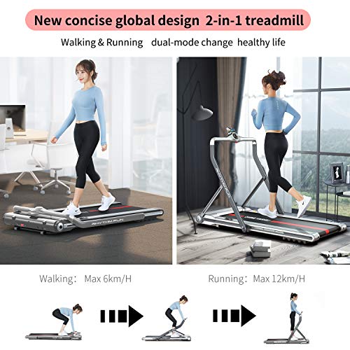 RHYTHM FUN Treadmill Folding Treadmill Under Desk Walking Treadmill with Foldable Handtrail Wide Tread Belt Super Slim Mini Quiet Home Treadmill with Smart Remote Control and Workout App (Silver)