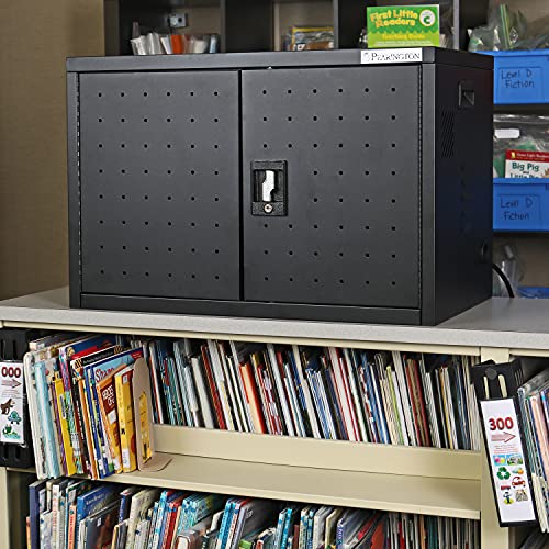 Pearington 16 Device Portable Table Top Charging and Storage Cabinet for iPads, Chromebooks and Laptop Computers, Up to 17-inch Screen Size, Bonus Shelf, Side Handles, Locking Front Door, Cable Clips