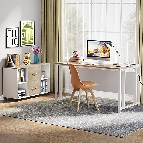 TRIBESIGNS WAY TO ORIGIN L-Shaped Computer Desk with Power Outlet and Drawer Cabinet, 55 inch Executive Office Desk with File Cabinet and Printer Stand, White