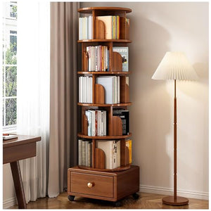 ARMERI 5-Tier Rotating Bookshelf with Storage Drawer, 360° Display - Wooden Corner Bookcase Storage Rack