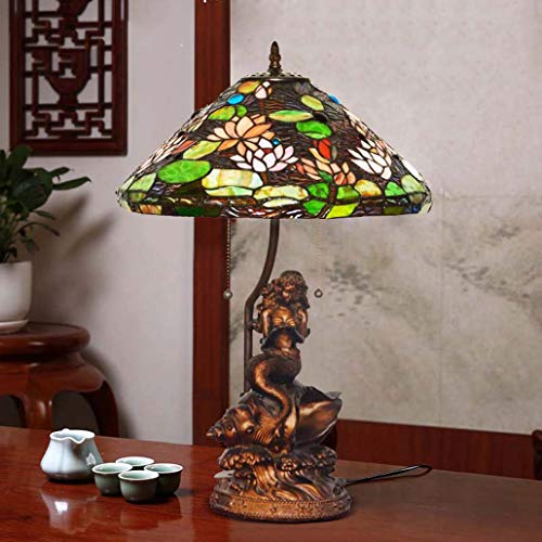 Yd&h Tiffany Style Desk Light, 17-inch Stained Glass Table Lamp with Water Lily Mermaid Base, Living Room Cafe Bedroom Bedside Light, E27, W60