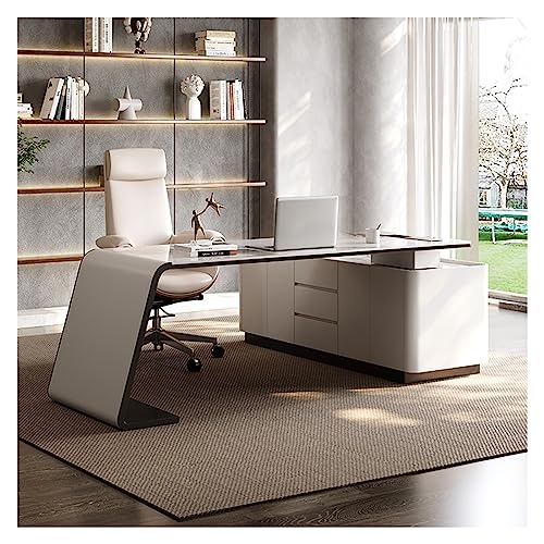 BinOxy Modern Boss Office Desk and Chair Combination - Khaki, Long Cabinet