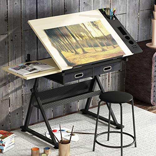 Lgan Height Adjustable Drawing Desk, Tiltable Craft Table with Storage, Maple Panel Art Desk, for Home Office Drafting Table