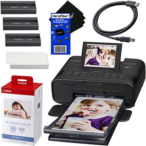 Canon SELPHY CP1300 Desktop or Portable Inkjet Laser Bluetooth Wireless Compact (4x6 Label) Photo Printer (Black) Canon KP-108IN Color Ink Paper Set | Includes USB Printer Cable Gentle Cleaning Cloth