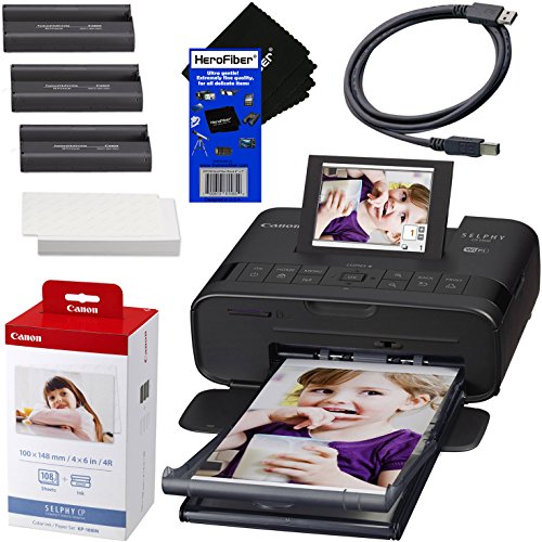Canon SELPHY CP1300 Desktop or Portable Inkjet Laser Bluetooth Wireless Compact (4x6 Label) Photo Printer (Black) Canon KP-108IN Color Ink Paper Set | Includes USB Printer Cable Gentle Cleaning Cloth