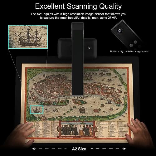 VIISAN S21 Large Format Book & Document Scanner, A2, 27MP High Resolution, Auto-Flatten & Fingerprint Removal Technologies, Adjustable Height, Multi-Language OCR, Windows & macOS