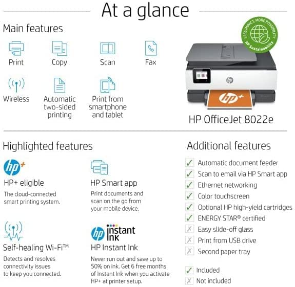 HP OfficeJet 8022e Wireless Inkjet Color All-in-One Printer, Print Copy Scan Fax, Instant Ink Ready, 35 Sheet ADF, WiFi USB Connectivity, 6 Months Free Instant Ink,White, W/Silmarils Printer Cable