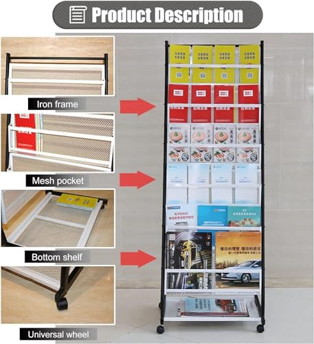 ESASAM Large Black Metal Brochure Rack with Rollers