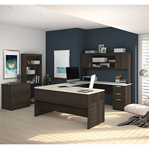 Bestar Ridgeley Executive Computer Desk with Hutch, Lateral File Cabinet, and Bookcase - White Chocolate