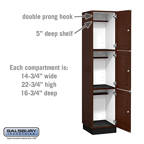 Salsbury Industries 3-Tier Solid Oak Executive One Wide Storage Unit, 6-Feet High by 18-Inch Deep Wood Locker Dark