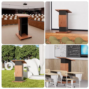 VLOJELRY Portable Podium Stand on Wheels - Mobile Wooden Pulpit with Wire Holes and Storage