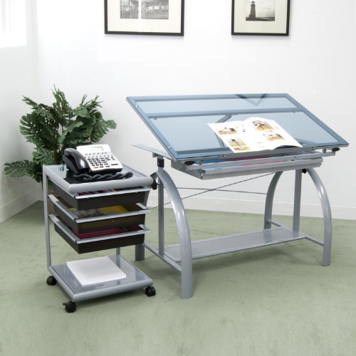 Offex Avanta Drafting Table Silver/Blue Glass