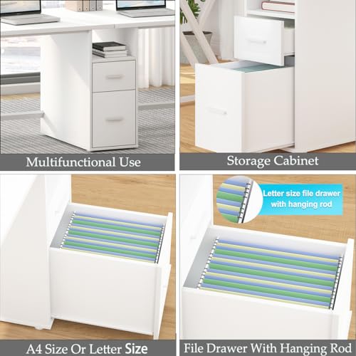 LVB Large 2 Person White Computer Desk with File Cabinet and Storage Shelf