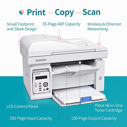 All in One Laser Printer Scanner Copier with Auto Document Feeder, Wireless Multifunction Black and White Laser Printer, Pantum M6552NW(W4G61A) White with PB-211EV Toner