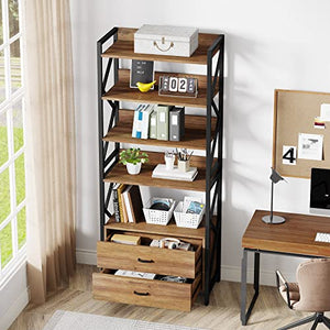 Tribesigns Industrial Bookshelf with Drawers, 70.8" - 5 Shelf Open Storage, Brown - 2pcs