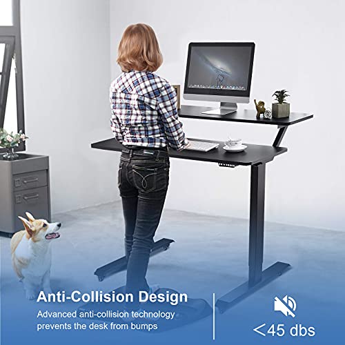 Tangkula Electric 2-Tier Standing Desk, Mobile Height Adjustable Sit Stand Desk Workstation with 4 Lockable Wheels & Replaceable Foot Pads, Hanging Hook, Cable Management Tray, Memory Setting (Black)