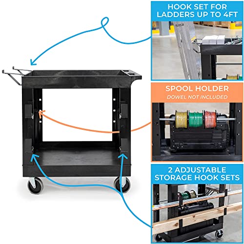 Stand Steady Tubstr 2 Shelf Utility Cart | Heavy Duty Service Cart | Holds 400 lbs. | Adjustable Storage Hooks | Tub Cart for Warehouse, Garage, School & Office (Black)