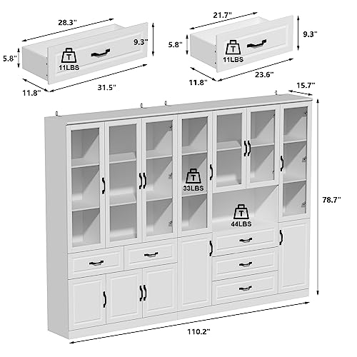 Hitow White Tall Bookshelf with Glass Doors & Drawers, 2-Piece Large Storage Cabinet Set