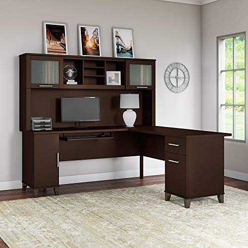 Bush Furniture Somerset 71W L Shaped Desk with Hutch in Mocha Cherry