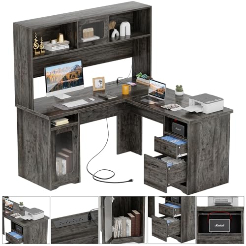 Unikito Large L-Shaped Office Desk with Drawers, Hutch, Power Outlet, and LED Lights - 60 Inch Gray Oak