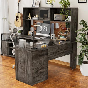 Unikito Large L-Shaped Office Desk with Drawers, Hutch, Power Outlet, and LED Lights - 60 Inch Gray Oak