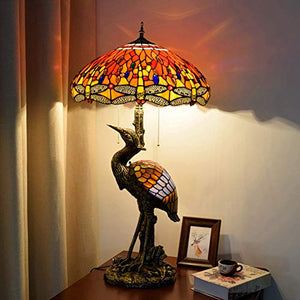 Xiaochen Antique Tiffany Style Male Bird Desk Lamp 20" - Crimson Dragonfly Glass Lampshade for Living Room Study Bedroom