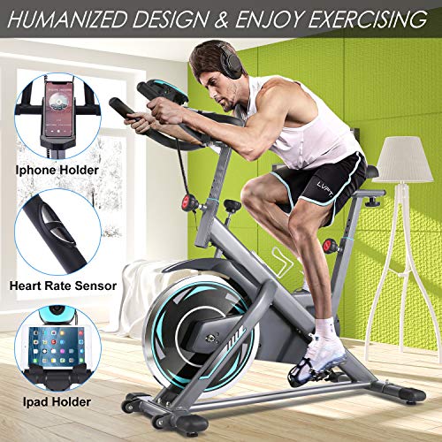 FUNMILY Indoor Exercise Bike Stationary, Cycling Bike-Belt Drive with Heart Rate Monitor & LCD Monitor, Comfortable Seat Cushion, Flywheel- Commercial Standard for Home Cardio Workout (Silver)