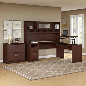 Bush Furniture Cabot 72W 3 Position L Shaped Sit to Stand Desk with Hutch and File Cabinet in Harvest Cherry