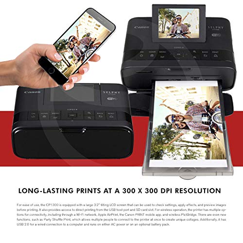 Canon SELPHY CP1300 Compact Photo Printer (Black) with WiFi w/Canon Color Ink and Paper Set + Case + Battery
